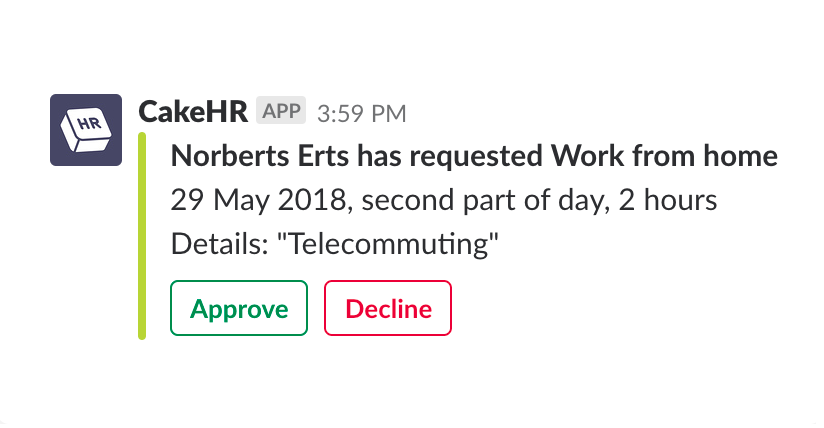 Example of managing leave requests direct from Slack